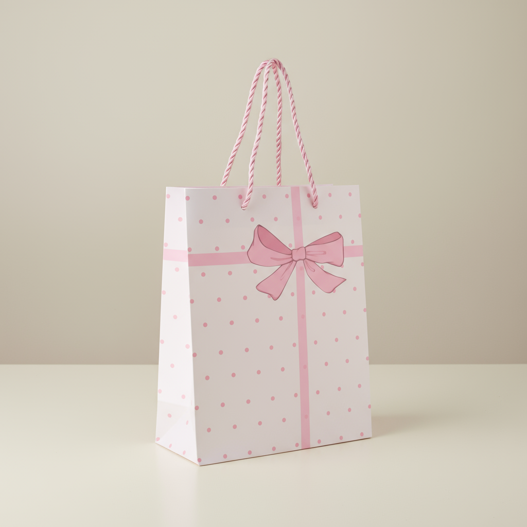 Paper Gift Bag Pink Dot with Pink Gift Bow 23 X 18 X 10cm 1pc