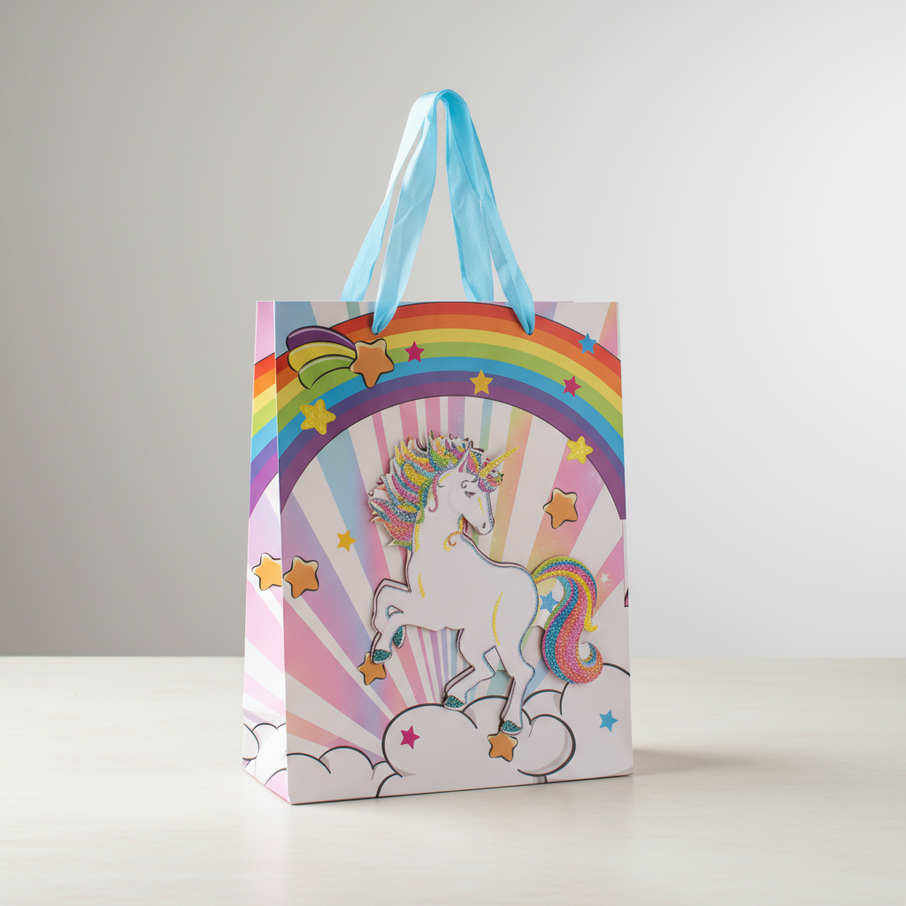 3D Glitter Paper Gift Bag Unicorn Rainbow 23 X 18 X 10cm 1pc