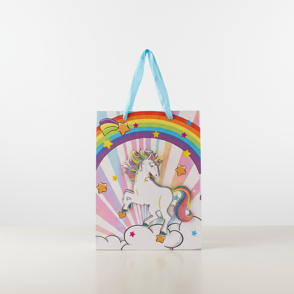 3D Glitter Paper Gift Bag Unicorn Rainbow 23 X 18 X 10cm 1pc