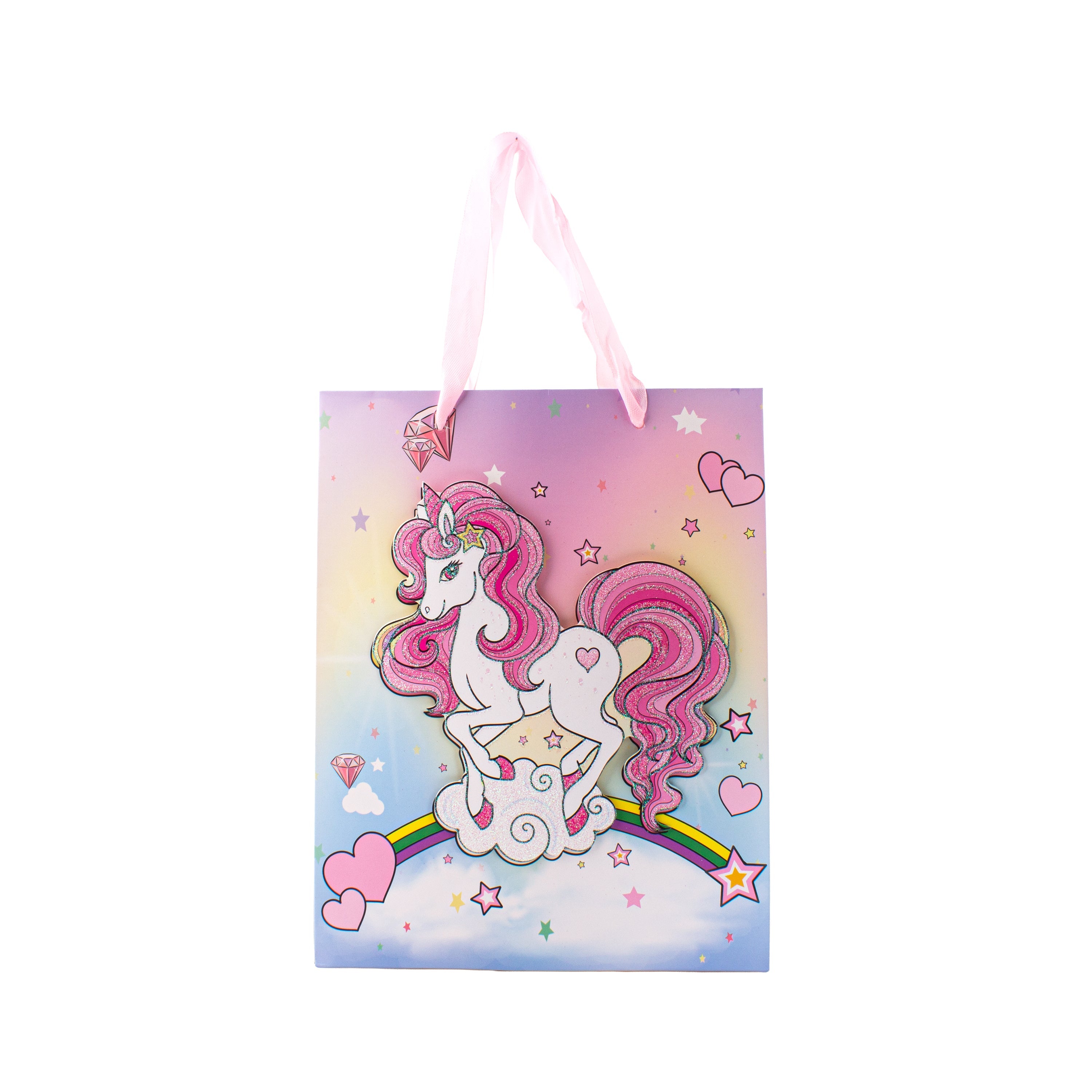 3D Glitter Paper Gift Bag Unicorn Magical Pink 23 X 18 X 10cm 1pc