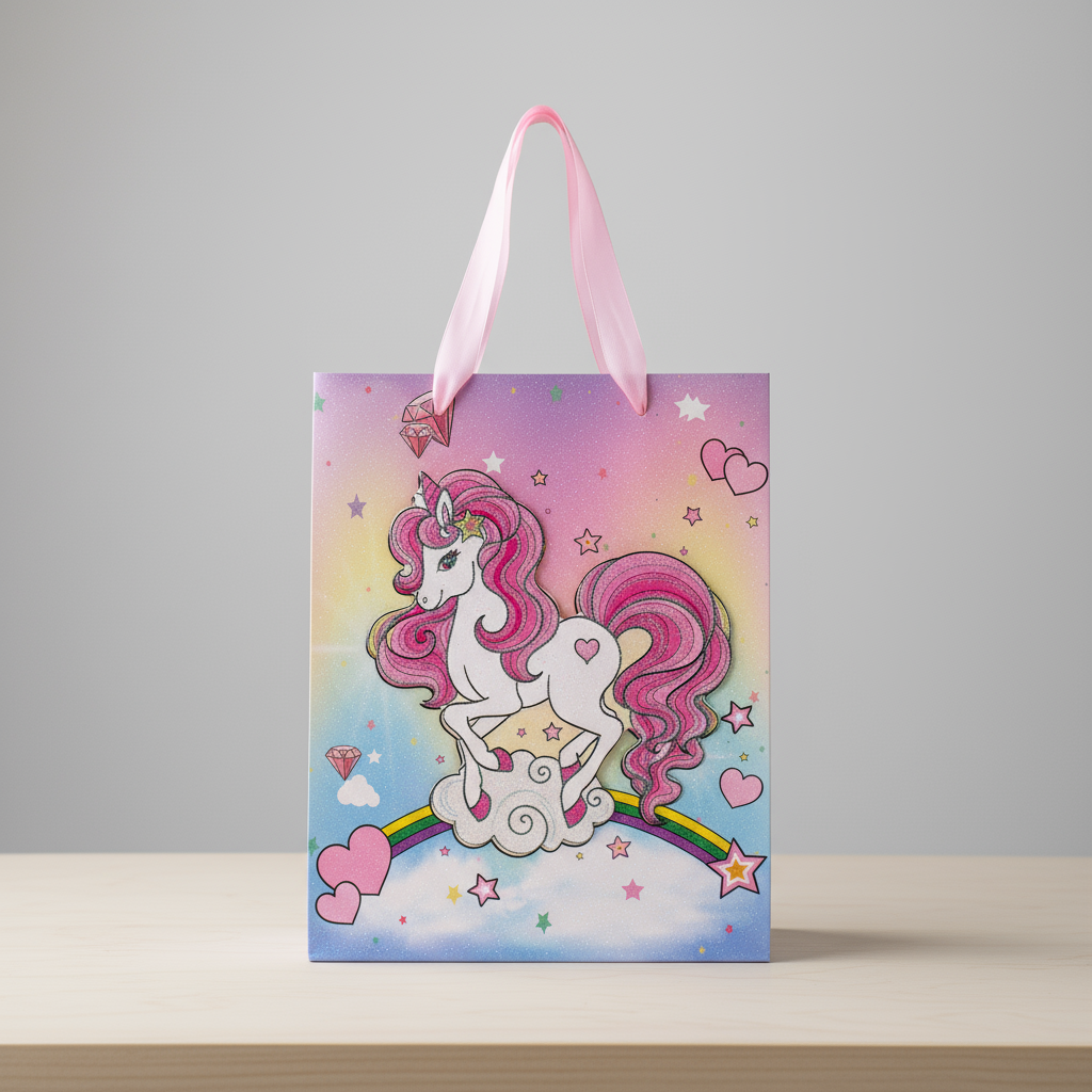 3D Glitter Paper Gift Bag Unicorn Magical Pink 23 X 18 X 10cm 1pc