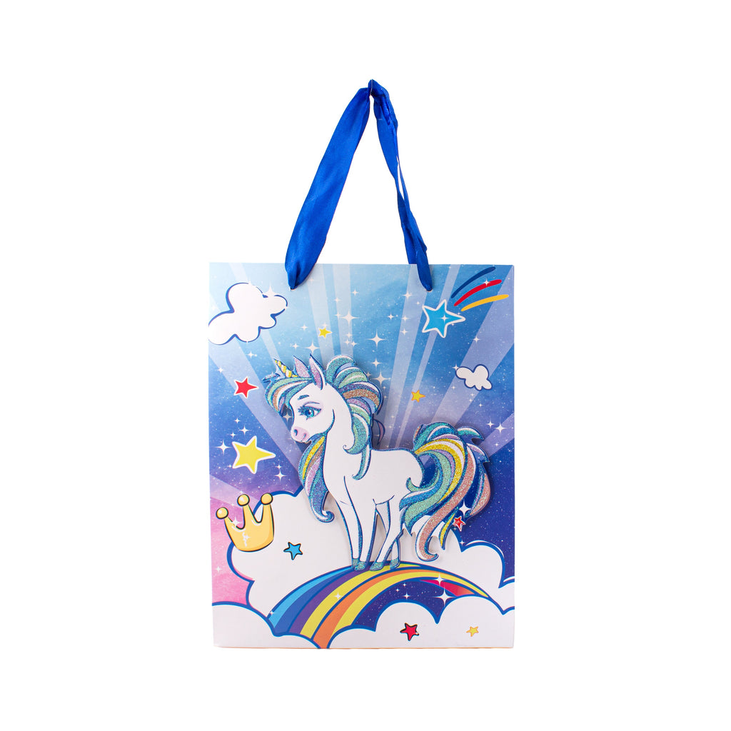 3D Glitter Paper Gift Bag Unicorn Magical Blue 23 X 18 X 10cm 1pc
