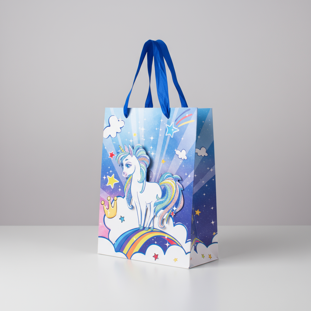 3D Glitter Paper Gift Bag Unicorn Magical Blue 23 X 18 X 10cm 1pc