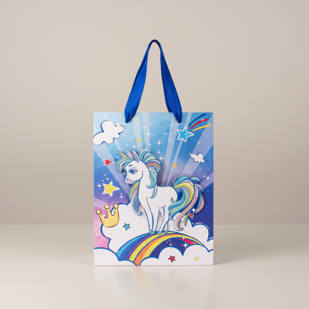 3D Glitter Paper Gift Bag Unicorn Magical Blue 23 X 18 X 10cm 1pc