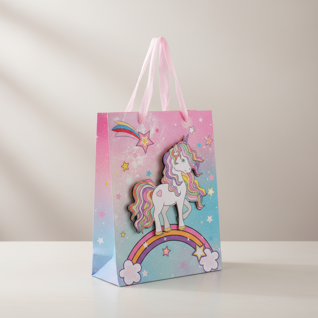 3D Glitter Paper Gift Bag Unicorn Pastel 23 X 18 X 10cm 1pc