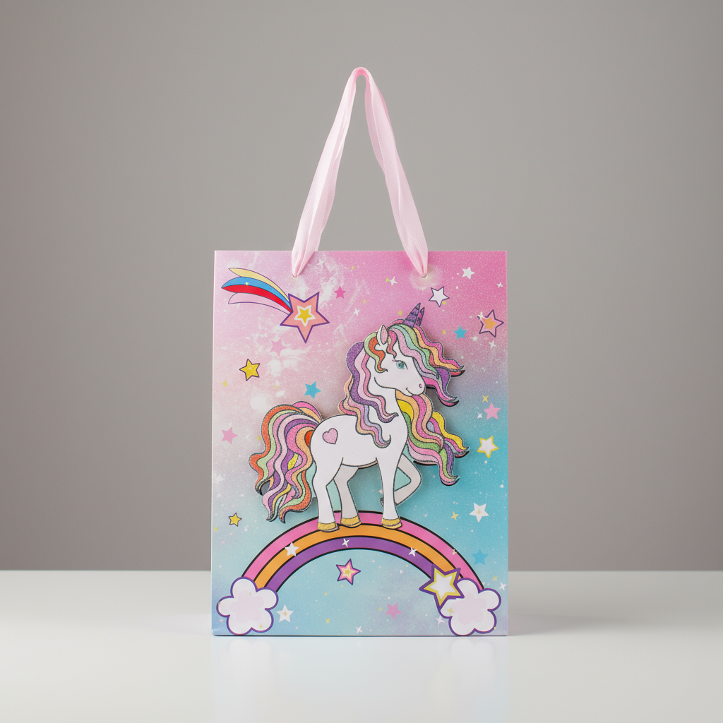 3D Glitter Paper Gift Bag Unicorn Pastel 23 X 18 X 10cm 1pc