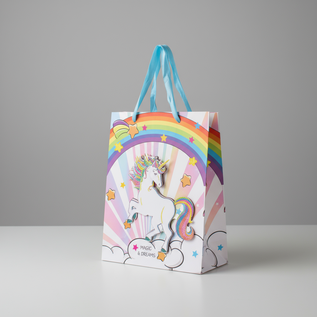 3D Glitter Paper Gift Bag Unicorn Rainbow 32 X 25.5 X 11cm 1pc