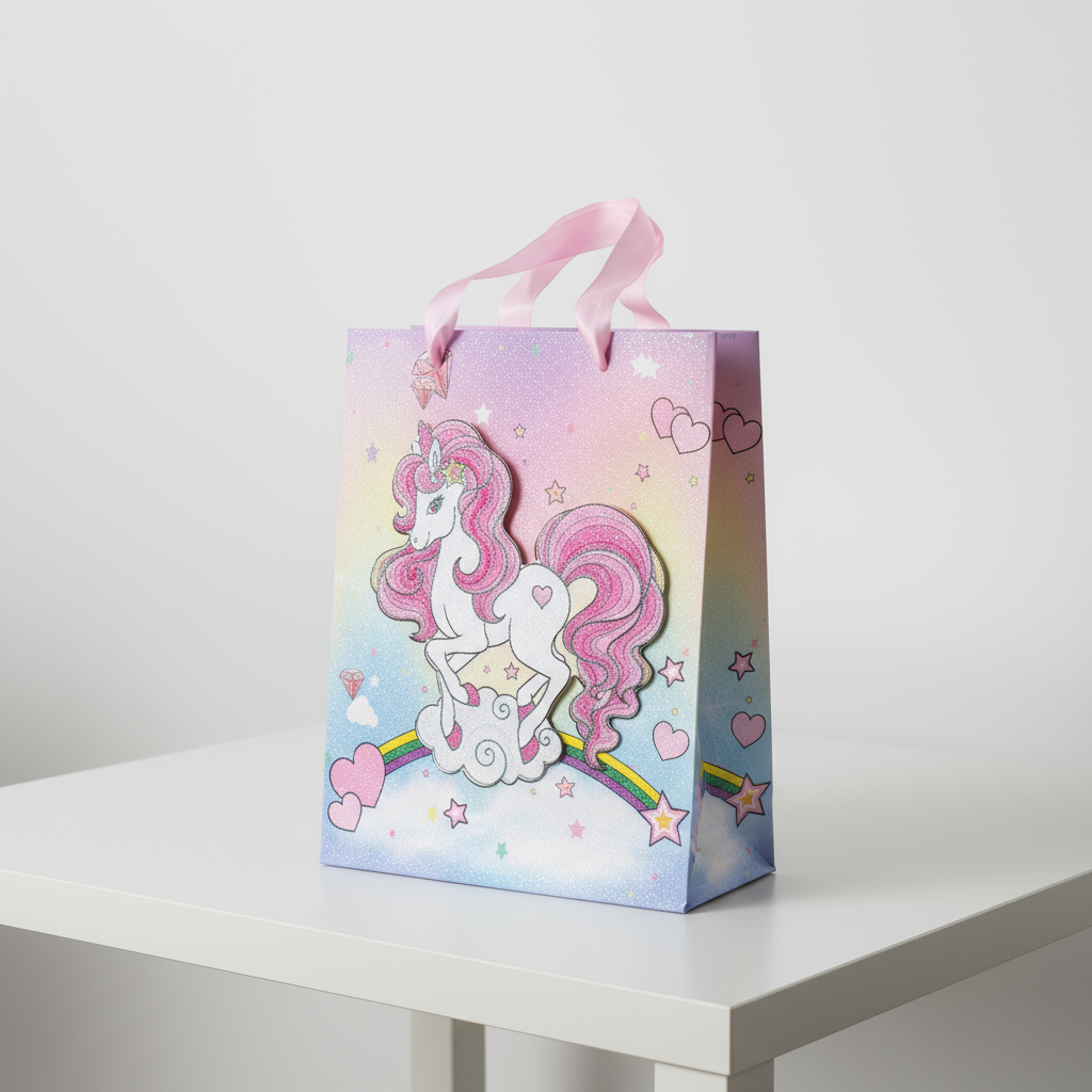3D Glitter Paper Gift Bag Unicorn Magical Pink 32 X 25.5 X 11cm 1pc