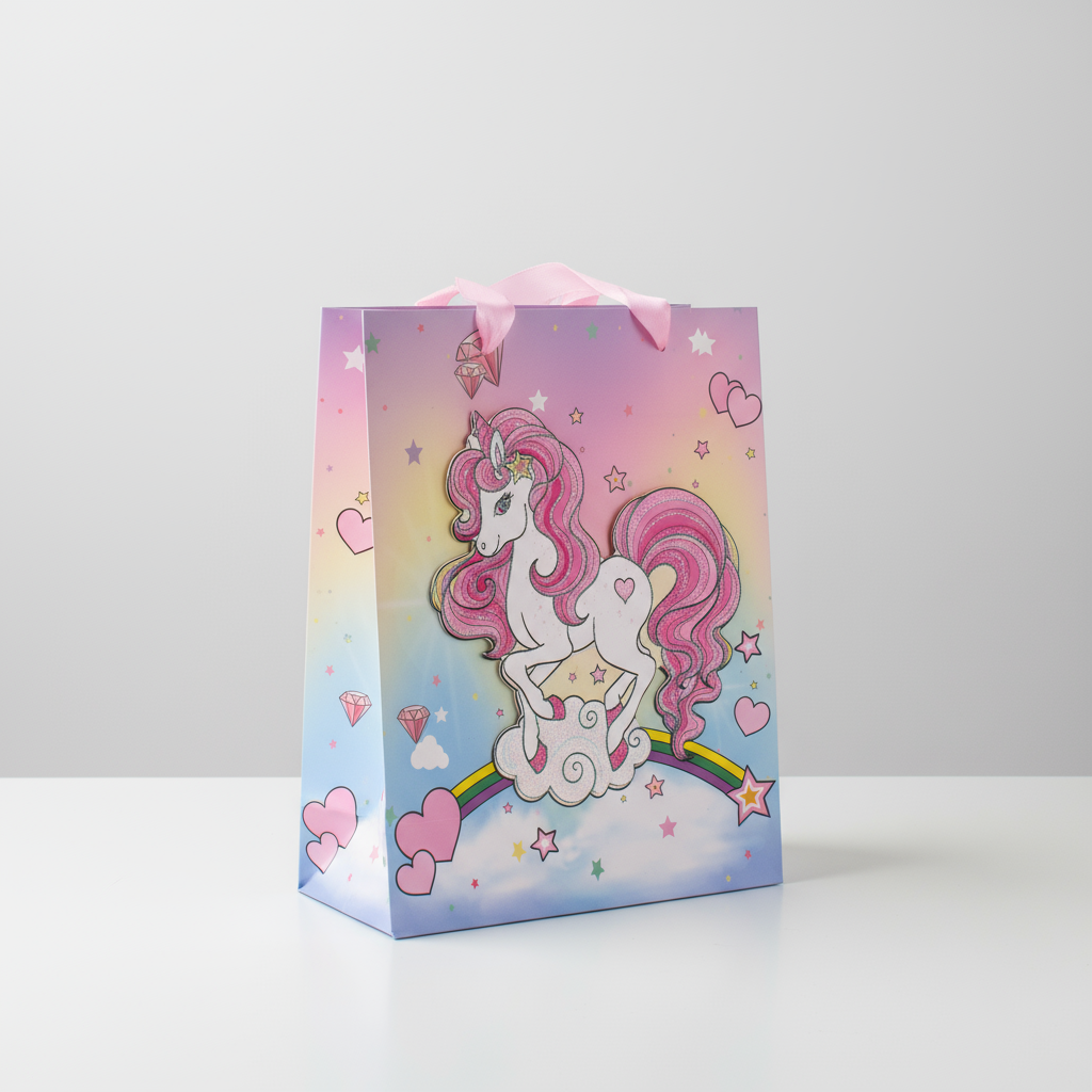 3D Glitter Paper Gift Bag Unicorn Magical Pink 32 X 25.5 X 11cm 1pc