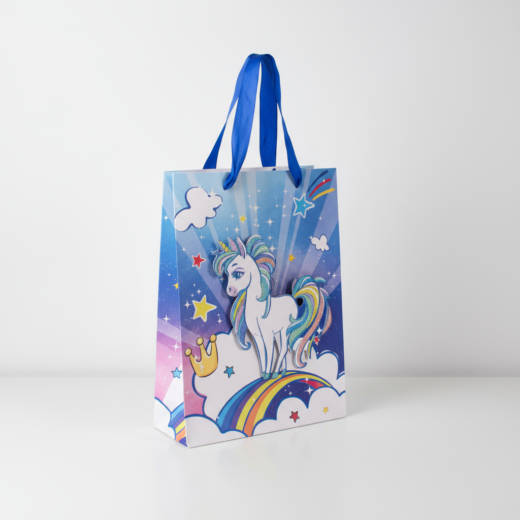 3D Glitter Paper Gift Bag Unicorn Magical Blue 32 X 25.5 X 11cm 1pc