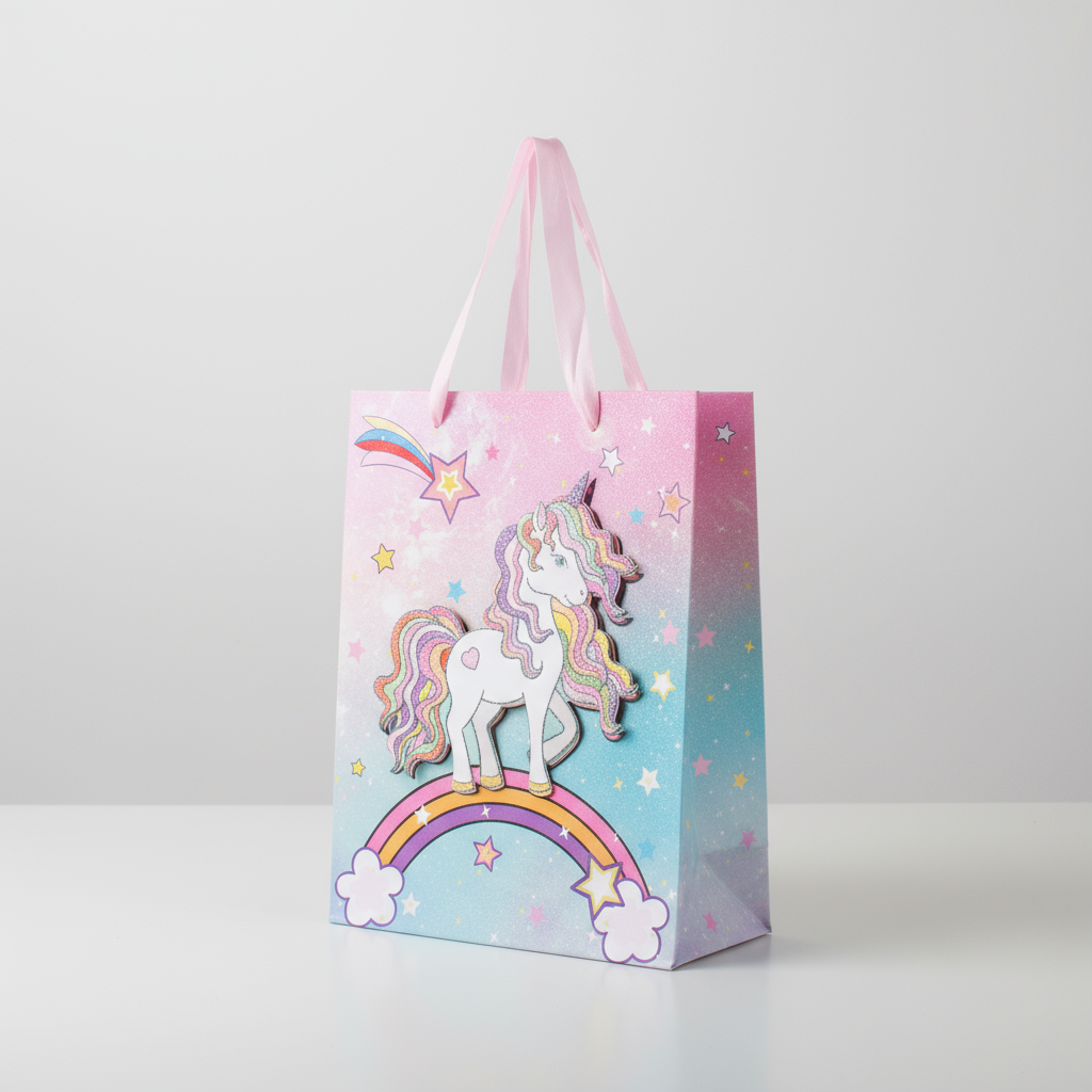 3D Glitter Paper Gift Bag Unicorn Pastel 32 X 25.5 X 11cm 1pc