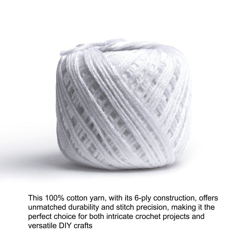 Crochet & Embroidery Thread - Cotton, 6 Ply, White, Approx. 32mt, 10g Ball
