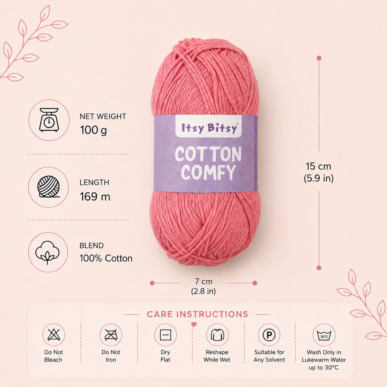 Cotton Comfy Knitting/Crochet Yarn 100% Cotton Rose Bud 169m 100g