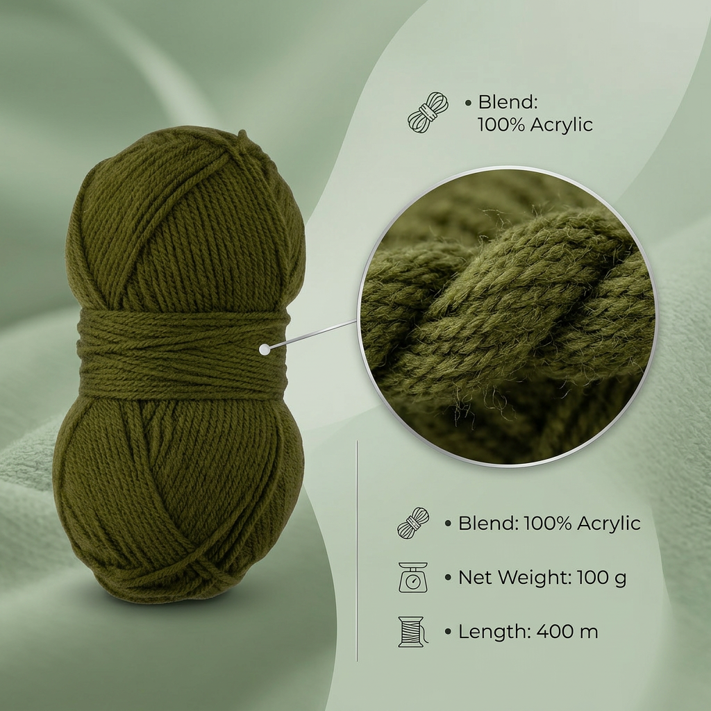 Velvet Touch Knitting/Crochet Yarn 100% Acrylic Moss Green 200m 100g