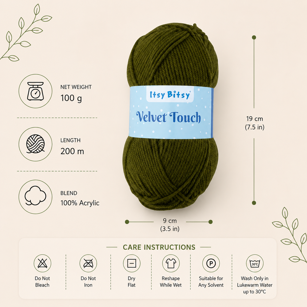 Velvet Touch Knitting/Crochet Yarn 100% Acrylic Moss Green 200m 100g