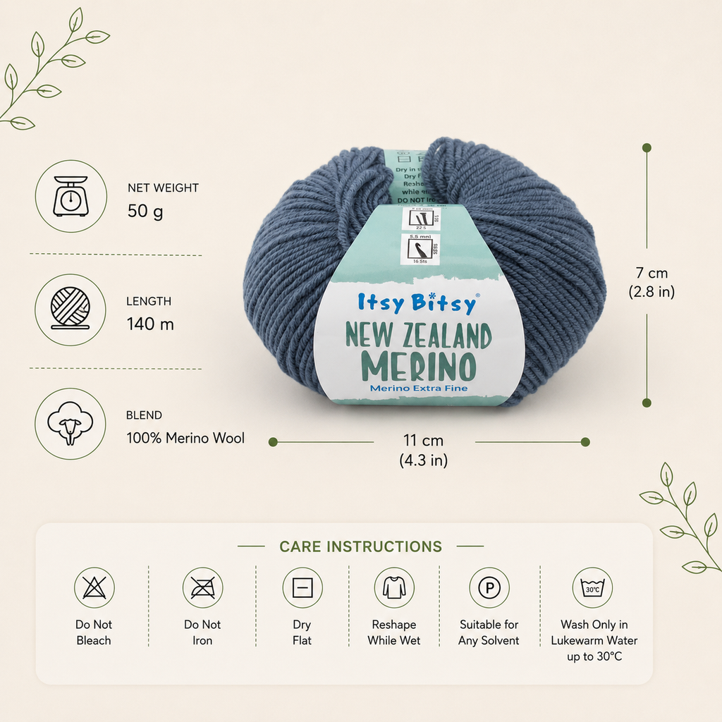 New Zealand Merino Knitting/Crochet Yarn 100% Merino Wool Blue 140m 50g