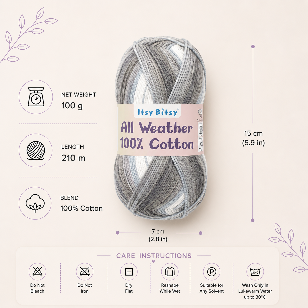 All Weather 100% Cotton Knitting/Crochet Yarn Snow Mountain 210m 100g