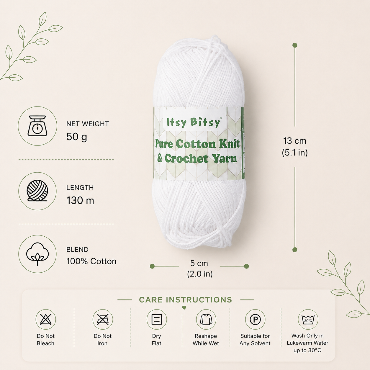 Pure Cotton Knitting/Crochet Yarn 100% Cotton Snow White 130m 50g