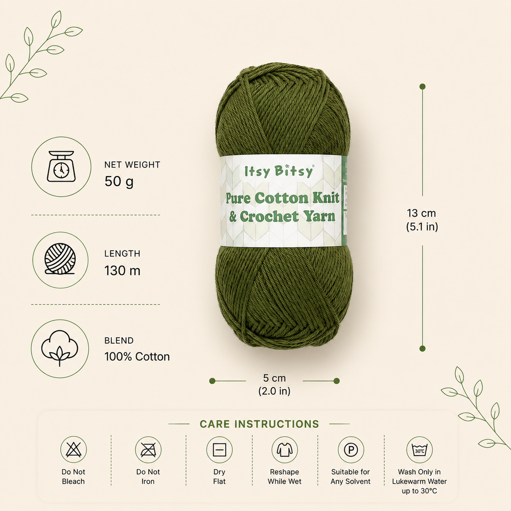 Pure Cotton Knitting/Crochet Yarn 100% Cotton Moss Green 130m 50g