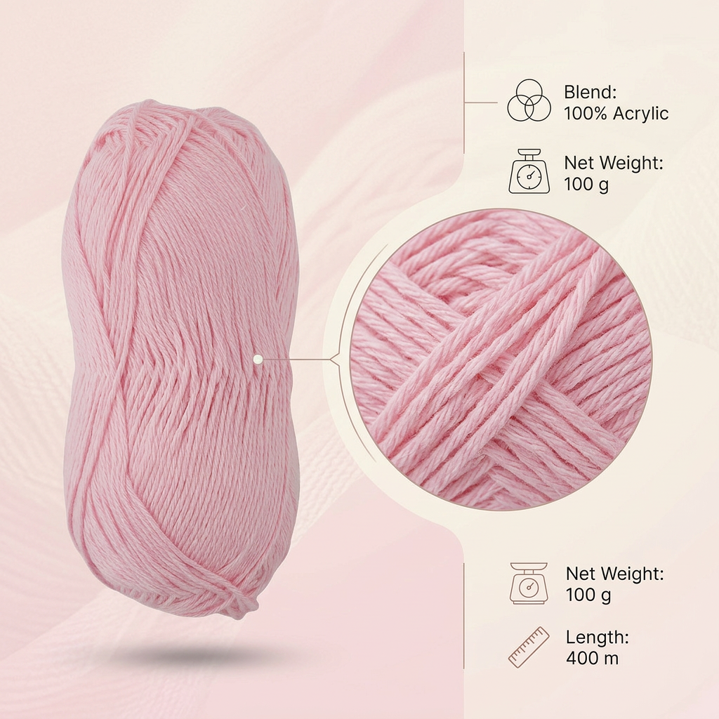 Pure Cotton Knitting/Crochet Yarn 100% Cotton Soft Pink 130m 50g