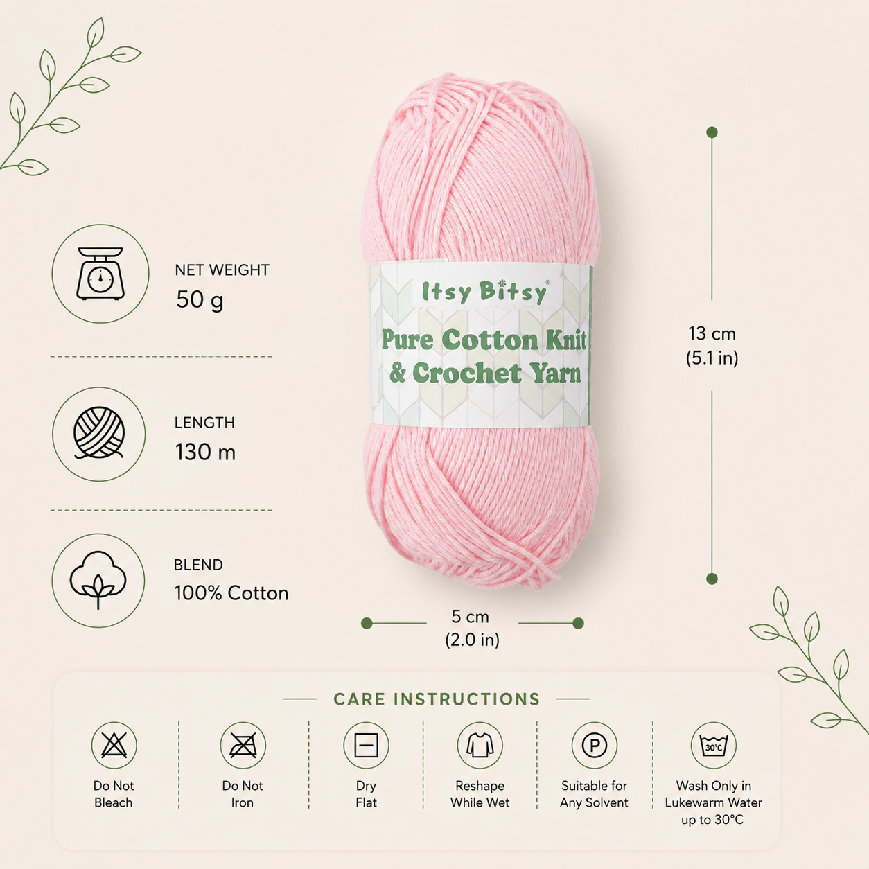 Pure Cotton Knitting/Crochet Yarn 100% Cotton Soft Pink 130m 50g
