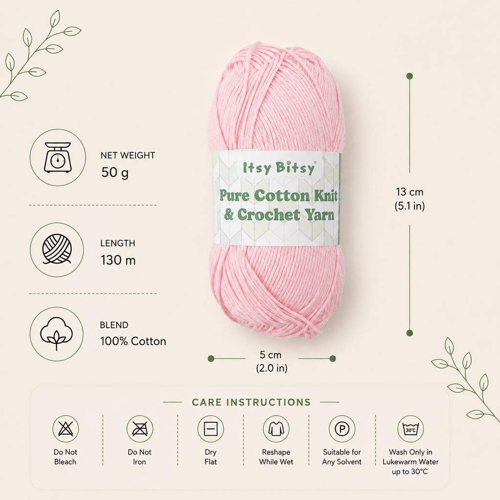 Pure Cotton Knitting/Crochet Yarn 100% Cotton Soft Pink 130m 50g