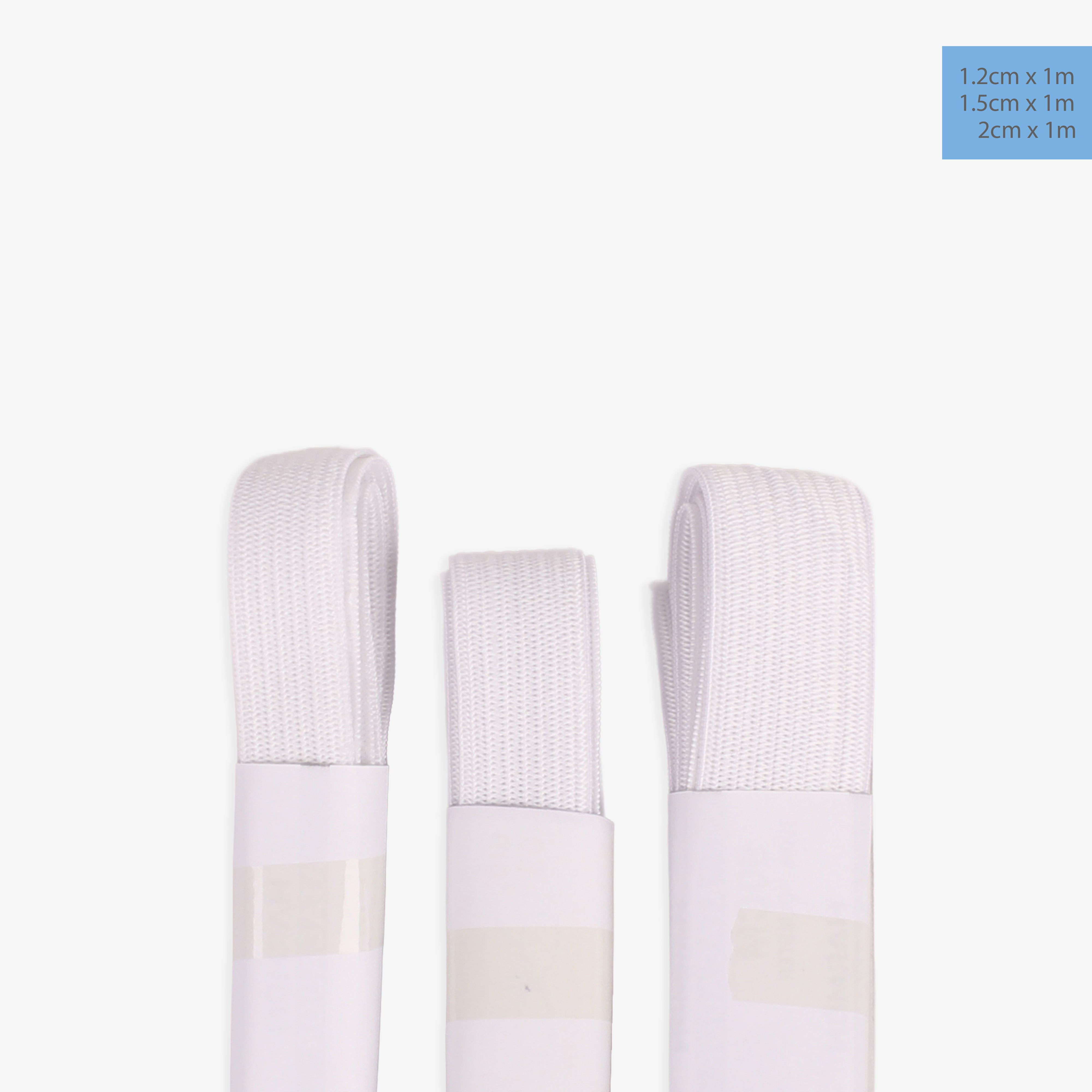 Woven Elastic Band White 1.2cm X 1m, 1.5cm X 1m, 2cm X 1m 3pc Blister