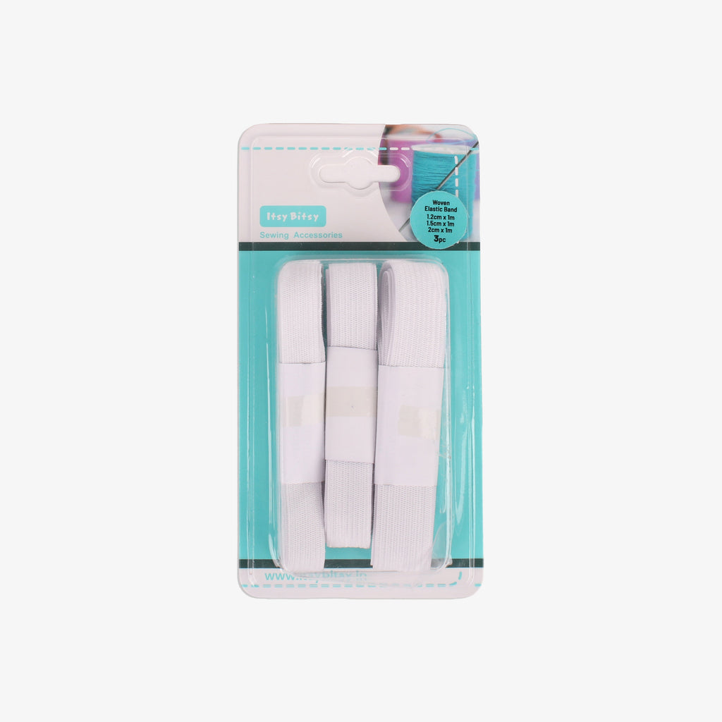 Woven Elastic Band White 1.2cm X 1m, 1.5cm X 1m, 2cm X 1m 3pc Blister