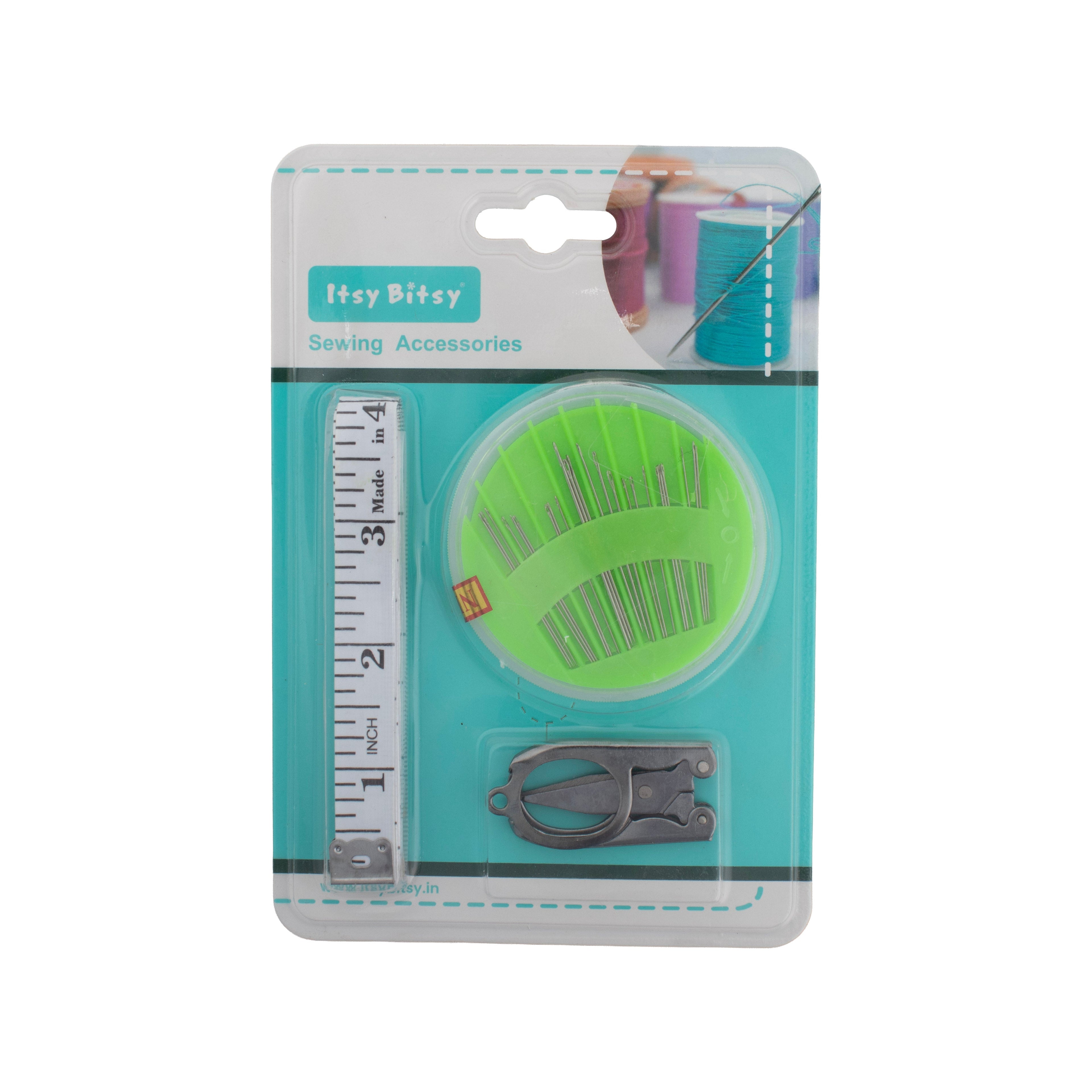 Assorted Needle Set with 1.3cm Fiberglass Measuring Tape & Small Folding Scissor Blister