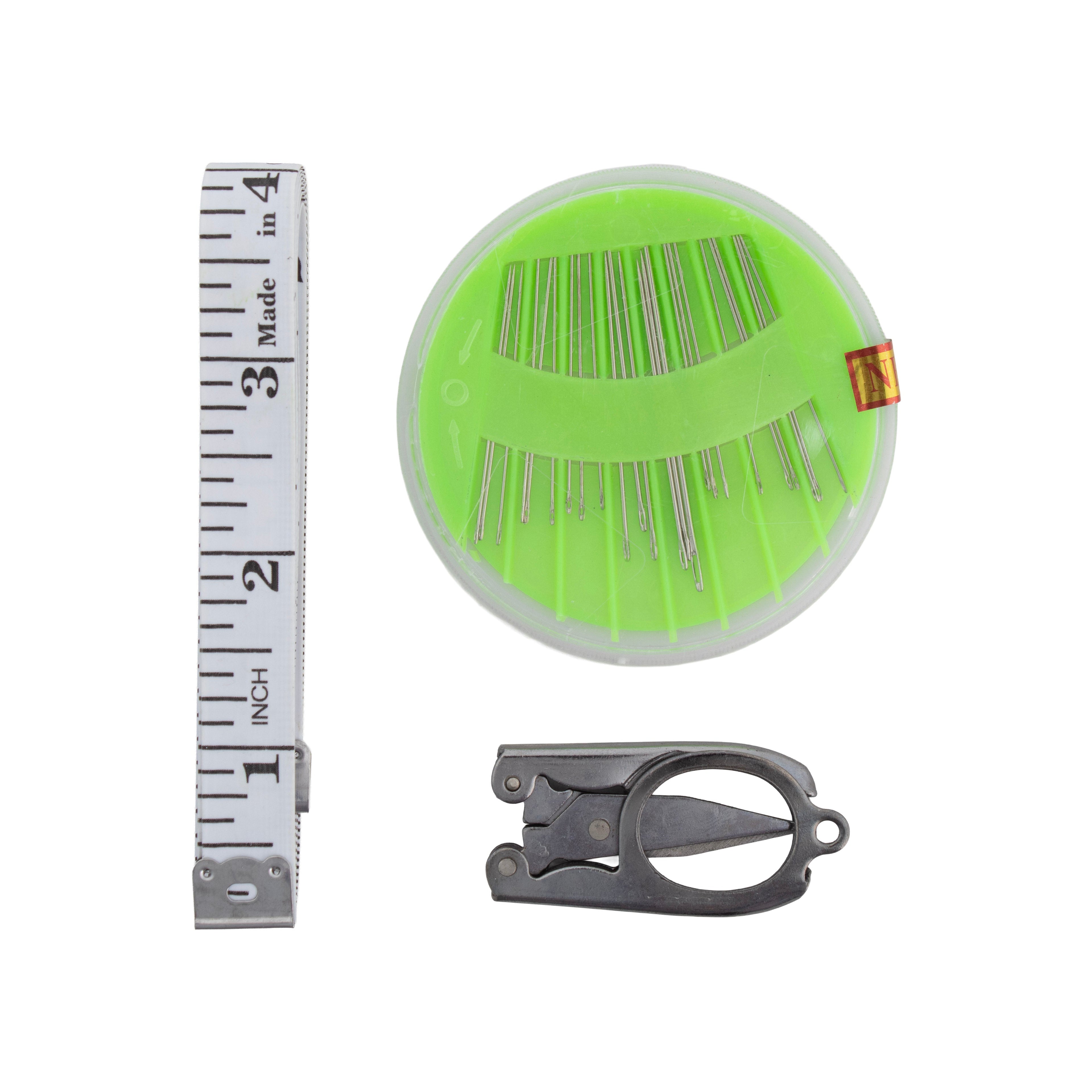 Assorted Needle Set with 1.3cm Fiberglass Measuring Tape & Small Folding Scissor Blister