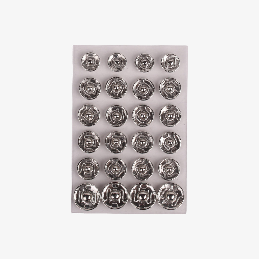 Snap Fasteners Silver 8mm X 4pc 10mm X 16pc, 12mm x 4pc, Set of 24pc Blister
