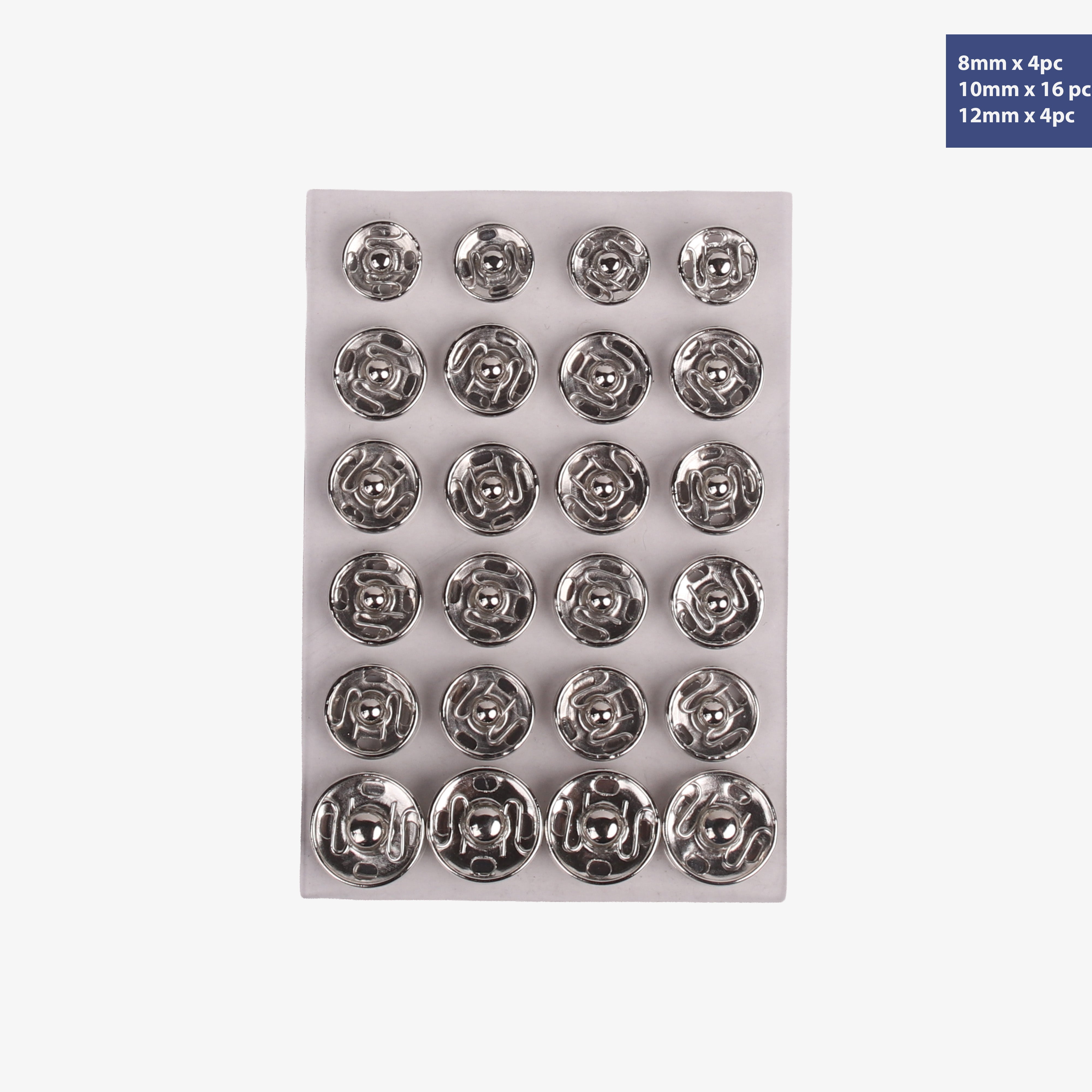 Snap Fasteners Silver 8mm X 4pc 10mm X 16pc, 12mm x 4pc, Set of 24pc Blister
