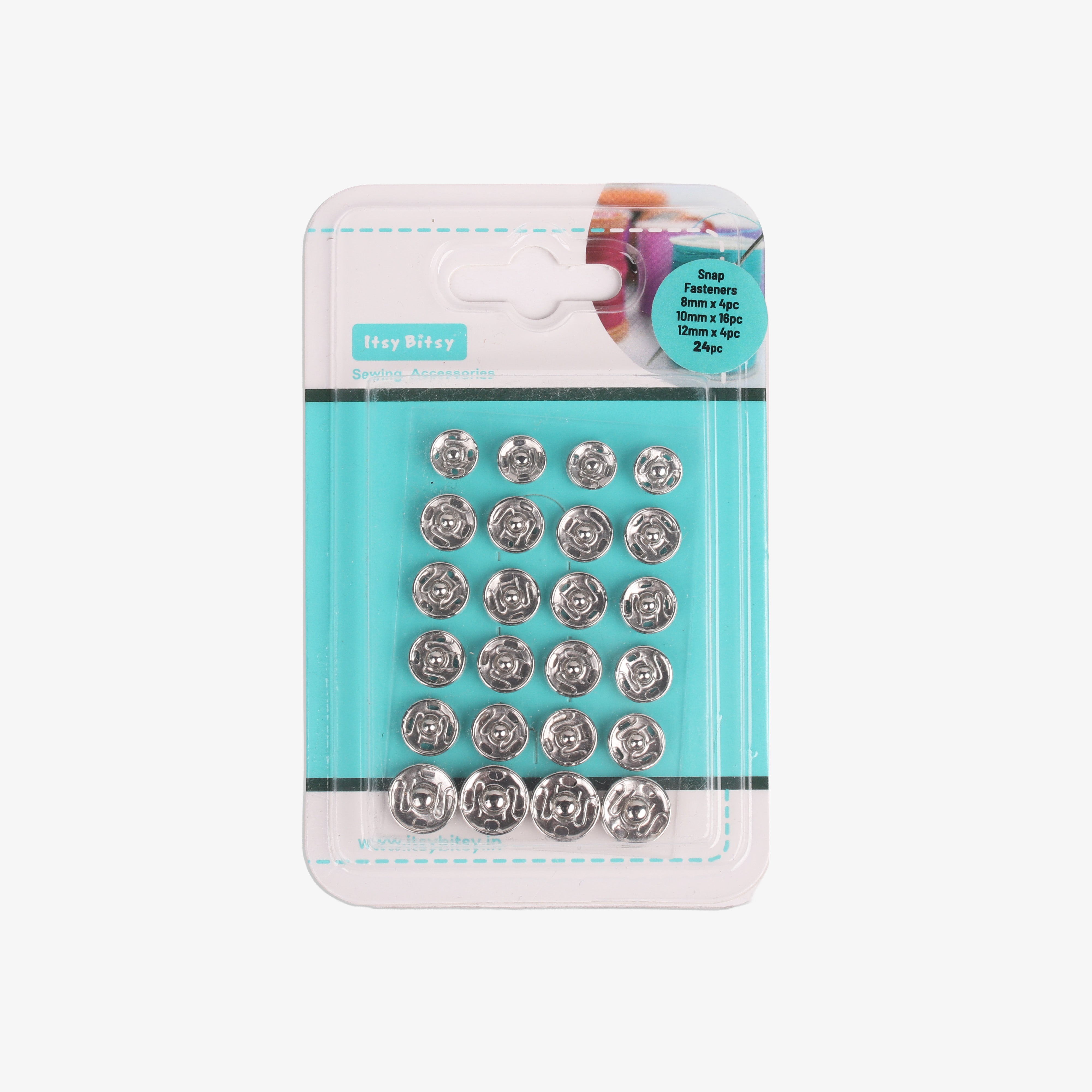 Snap Fasteners Silver 8mm X 4pc 10mm X 16pc, 12mm x 4pc, Set of 24pc Blister