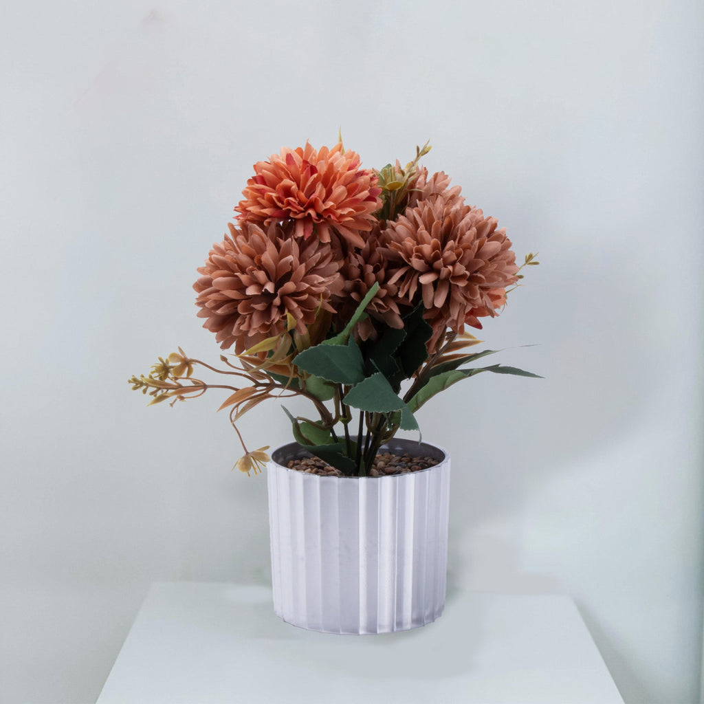 Artificial Flower in Pot Chrysanthemums Coral Peach 9X5.5inch 1pc