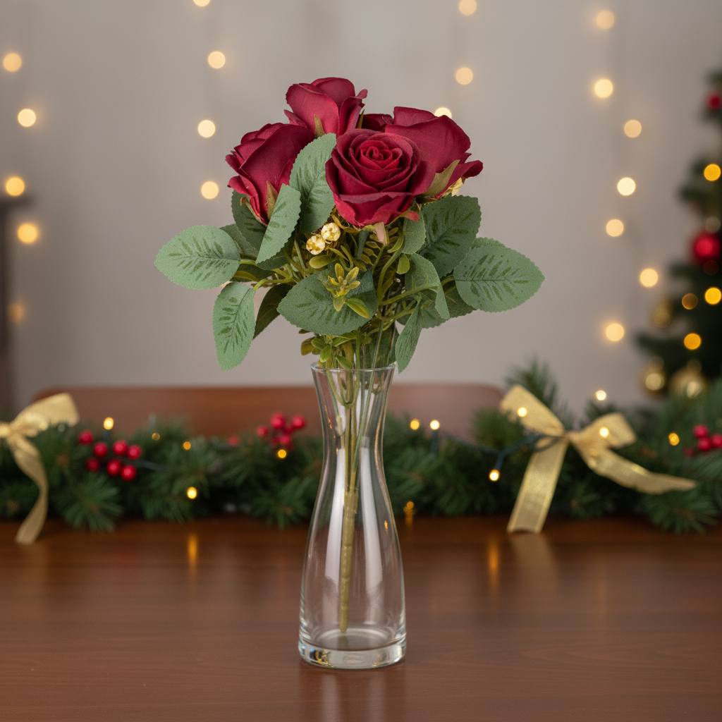 Artificial Rose Bunch 7 Flowers Red 32cm