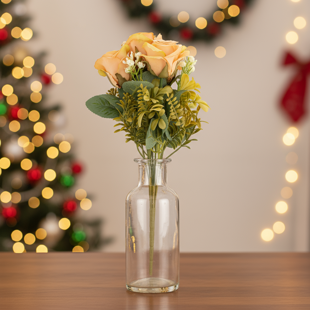 Artificial Rose Bunch 7 Flowers Peach 32cm