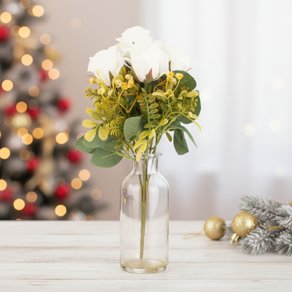 Artificial Rose Bunch 7 Flowers White 32cm