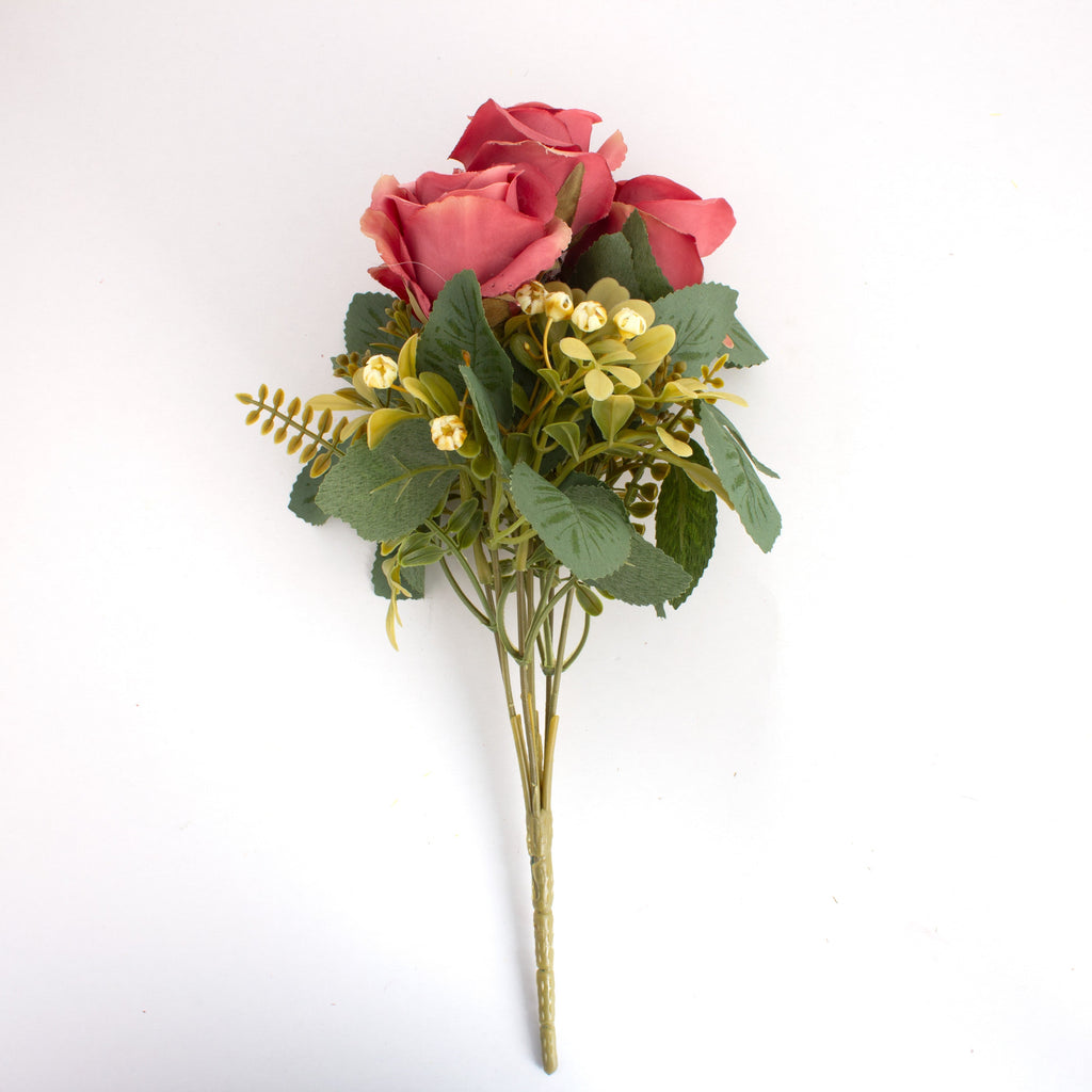 Artificial Rose Bunch 7 Flowers Coral Pink 32cm