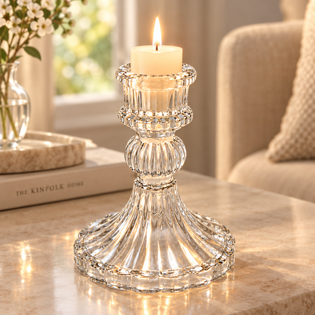 Crystal Striped Glass Candle Holder Classic Transparent 8 X 10.4cm 1pc