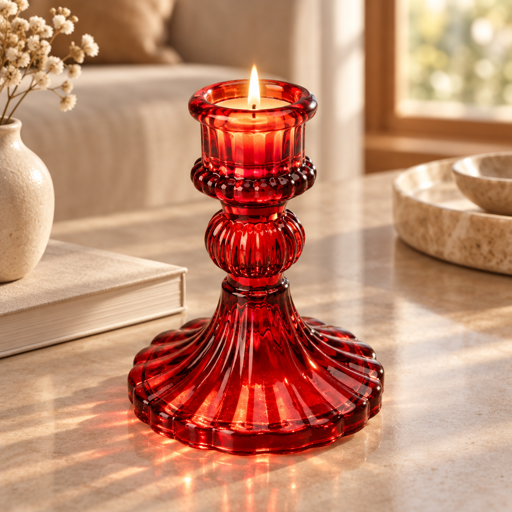 Crystal Striped Glass Candle Holder Classic Red 8 X 10.4cm 1pc