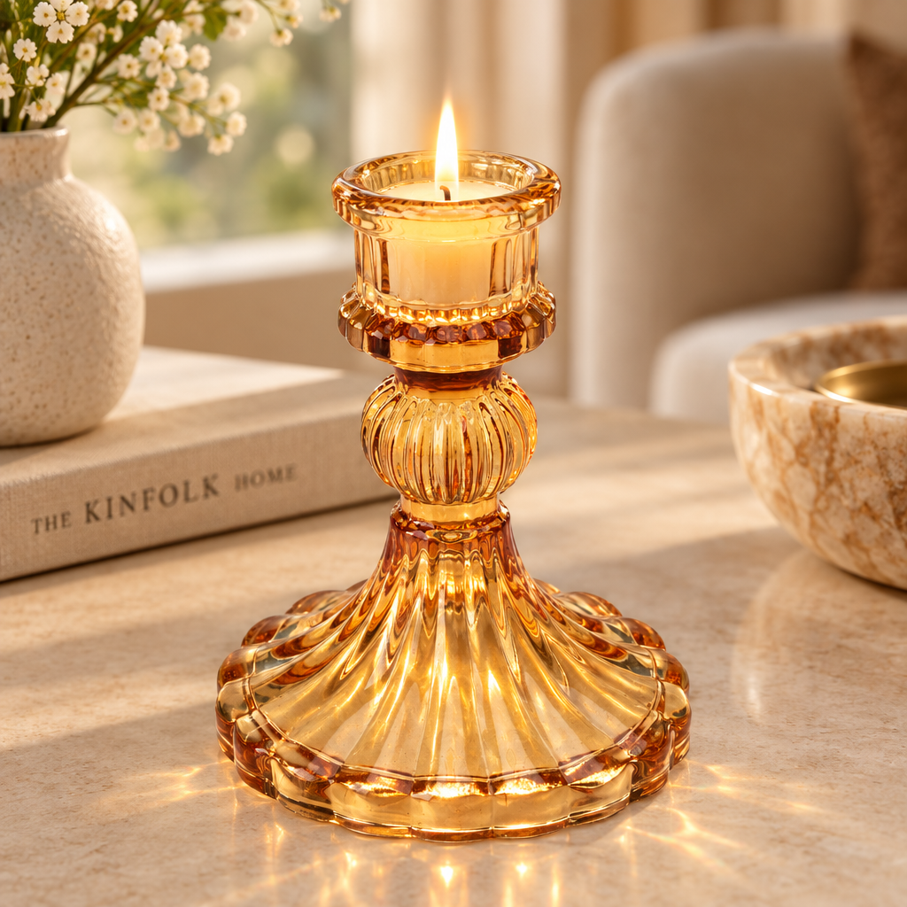 Crystal Striped Glass Candle Holder Classic Amber 8 X 10.4cm 1pc