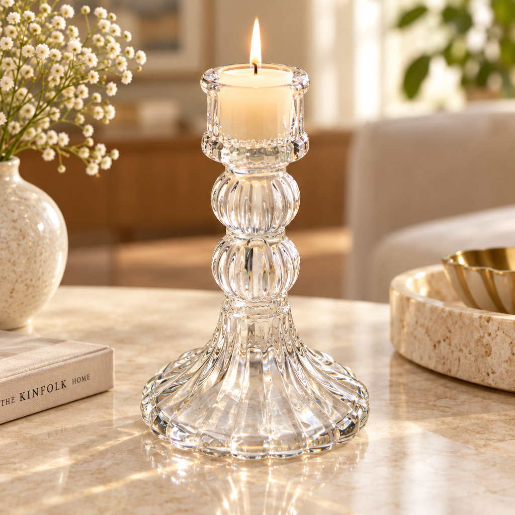 Crystal Striped Glass Candle Holder Double Ring Transparent 12.7 X 8cm 1pc