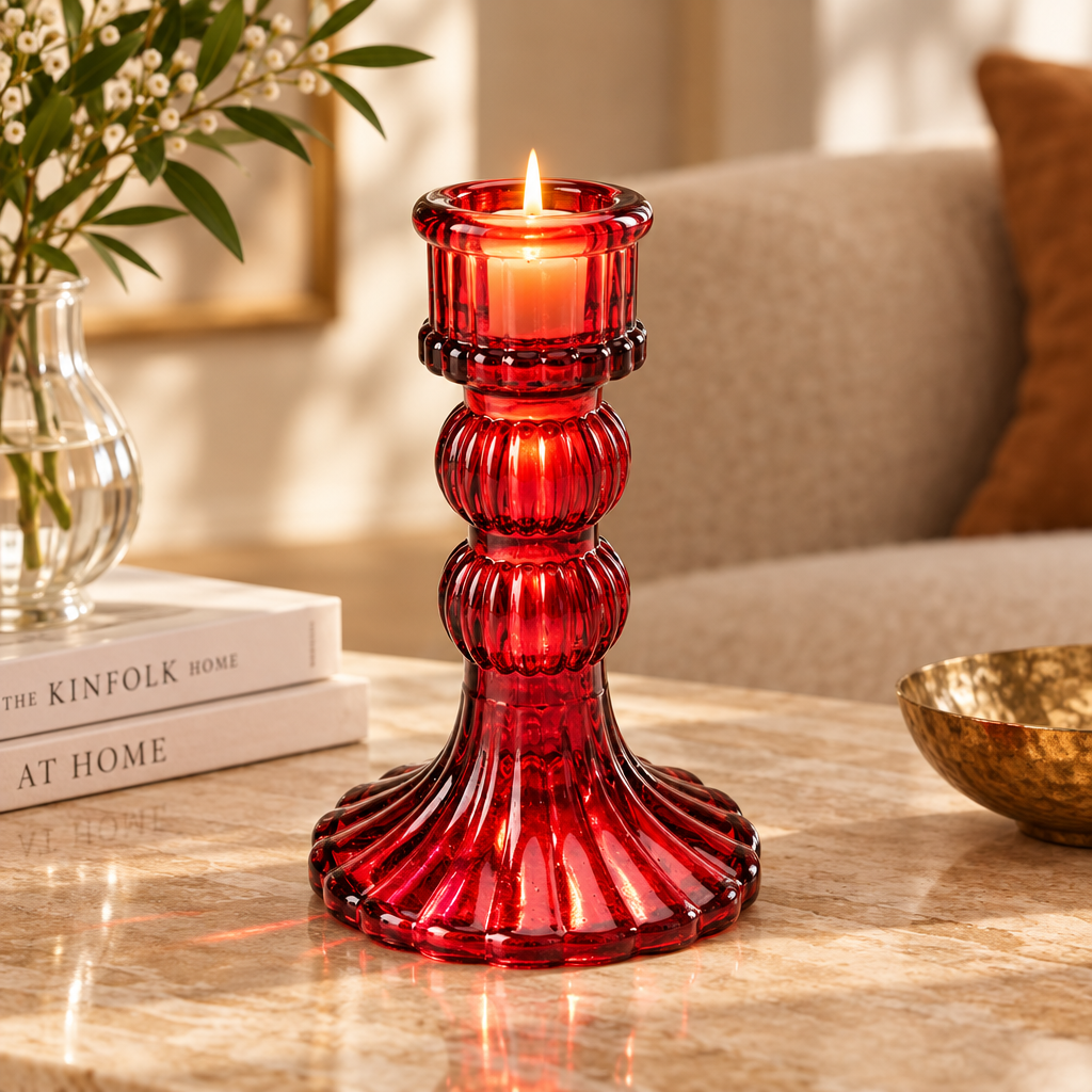 Crystal Striped Glass Candle Holder Double Ring Red 12.7 X 8cm 1pc