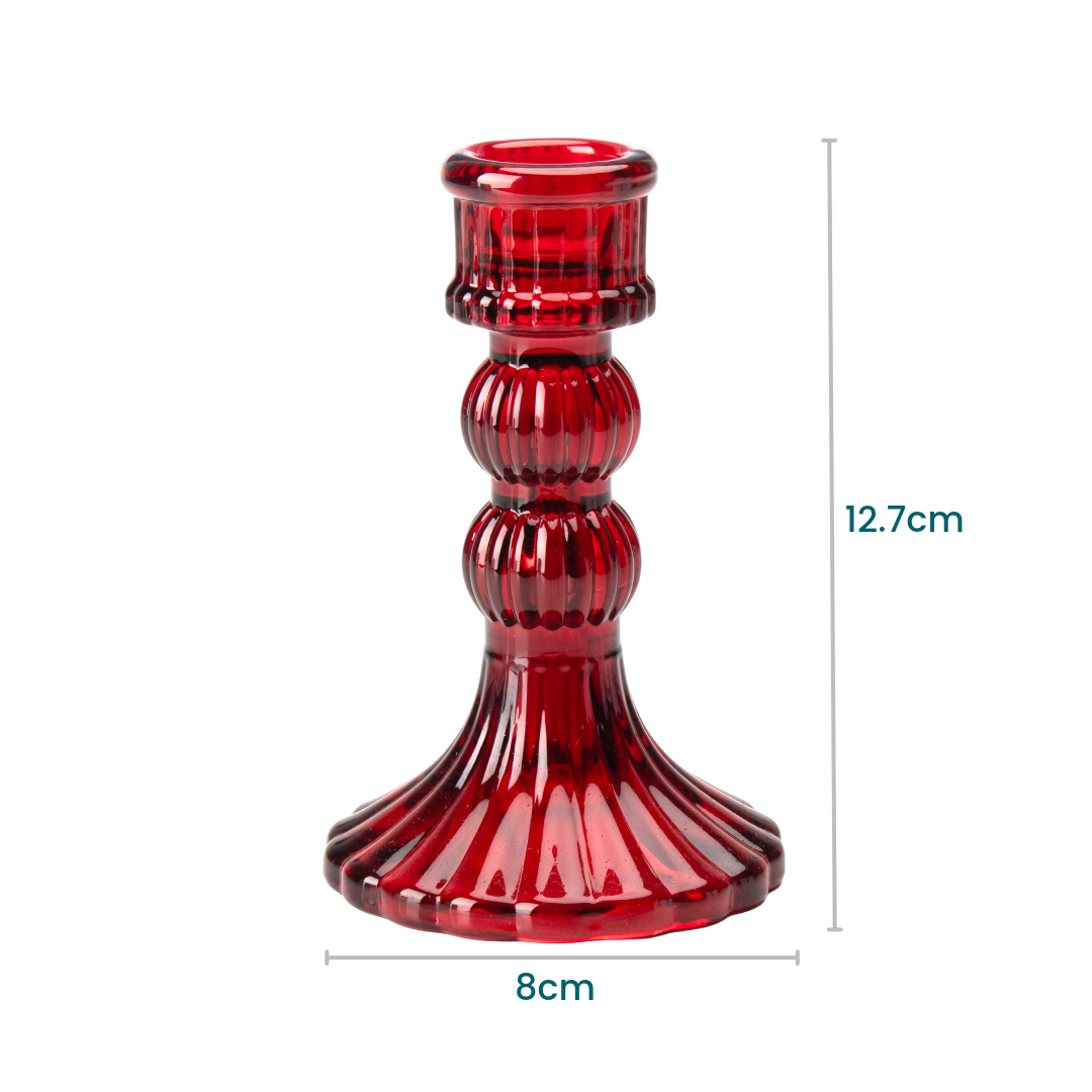 Crystal Striped Glass Candle Holder Double Ring Red 12.7 X 8cm 1pc