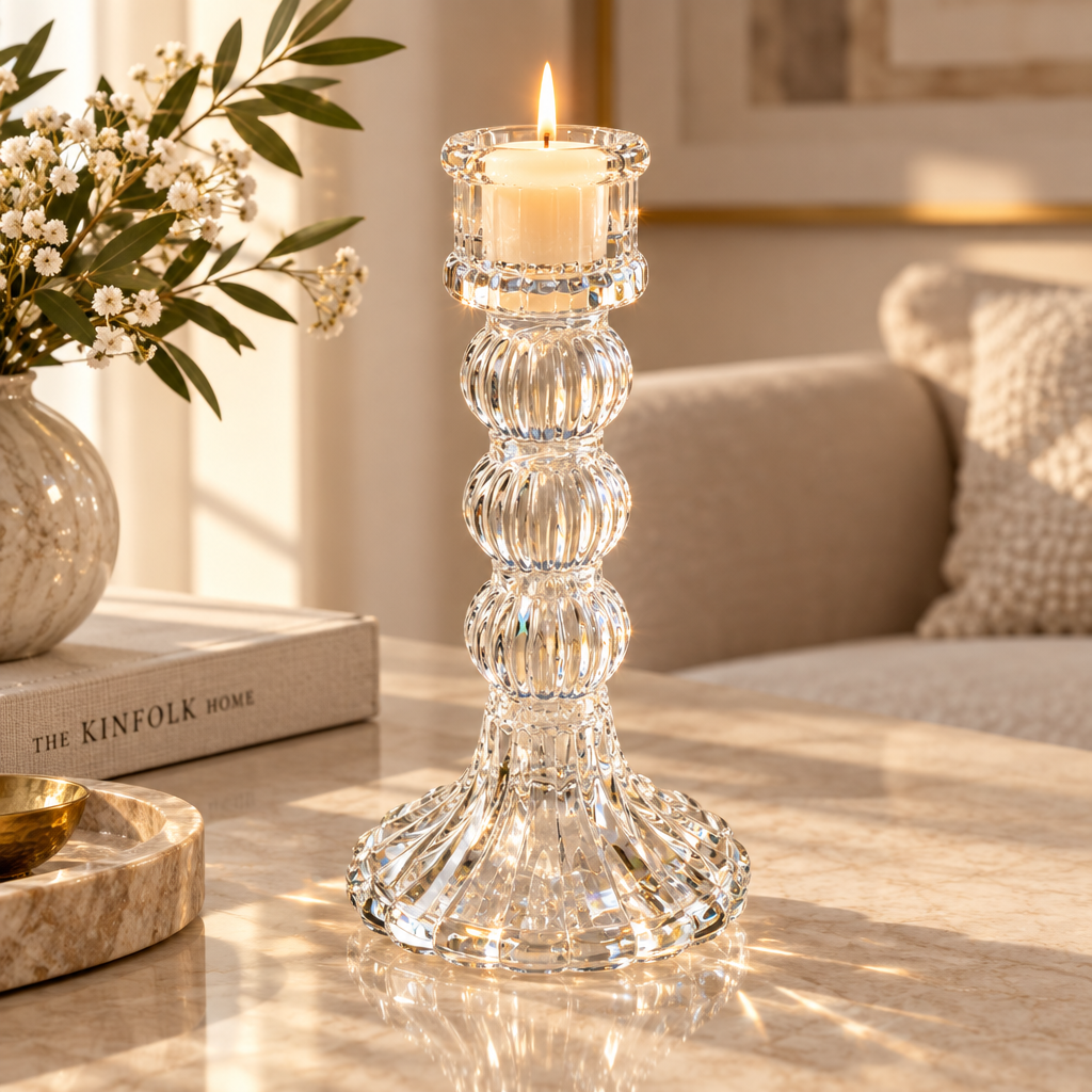 Crystal Striped Glass Candle Holder Triple Ring Transparent 15 X 8cm 1pc
