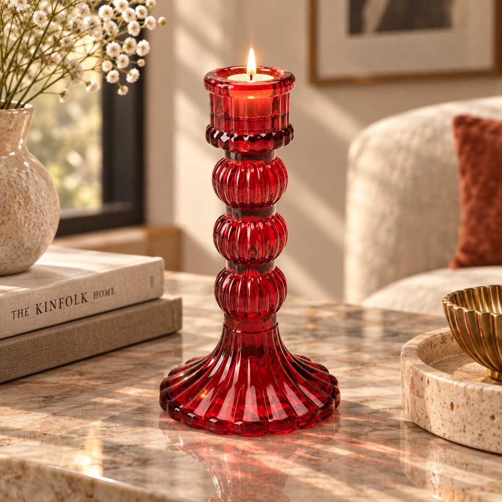 Crystal Striped Glass Candle Holder Triple Ring Red 15 X 8cm 1pc