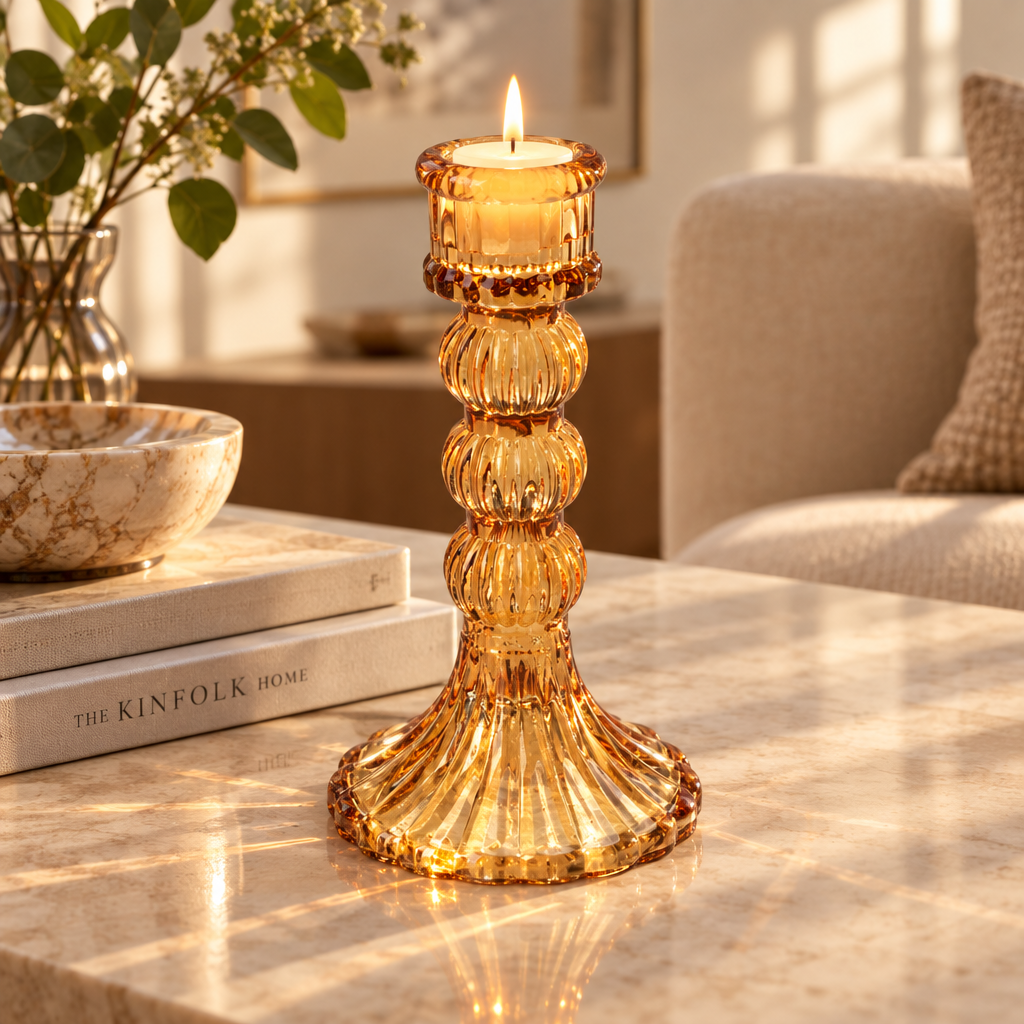 Crystal Striped Glass Candle Holder Triple Ring Amber 15 X 8cm 1pc