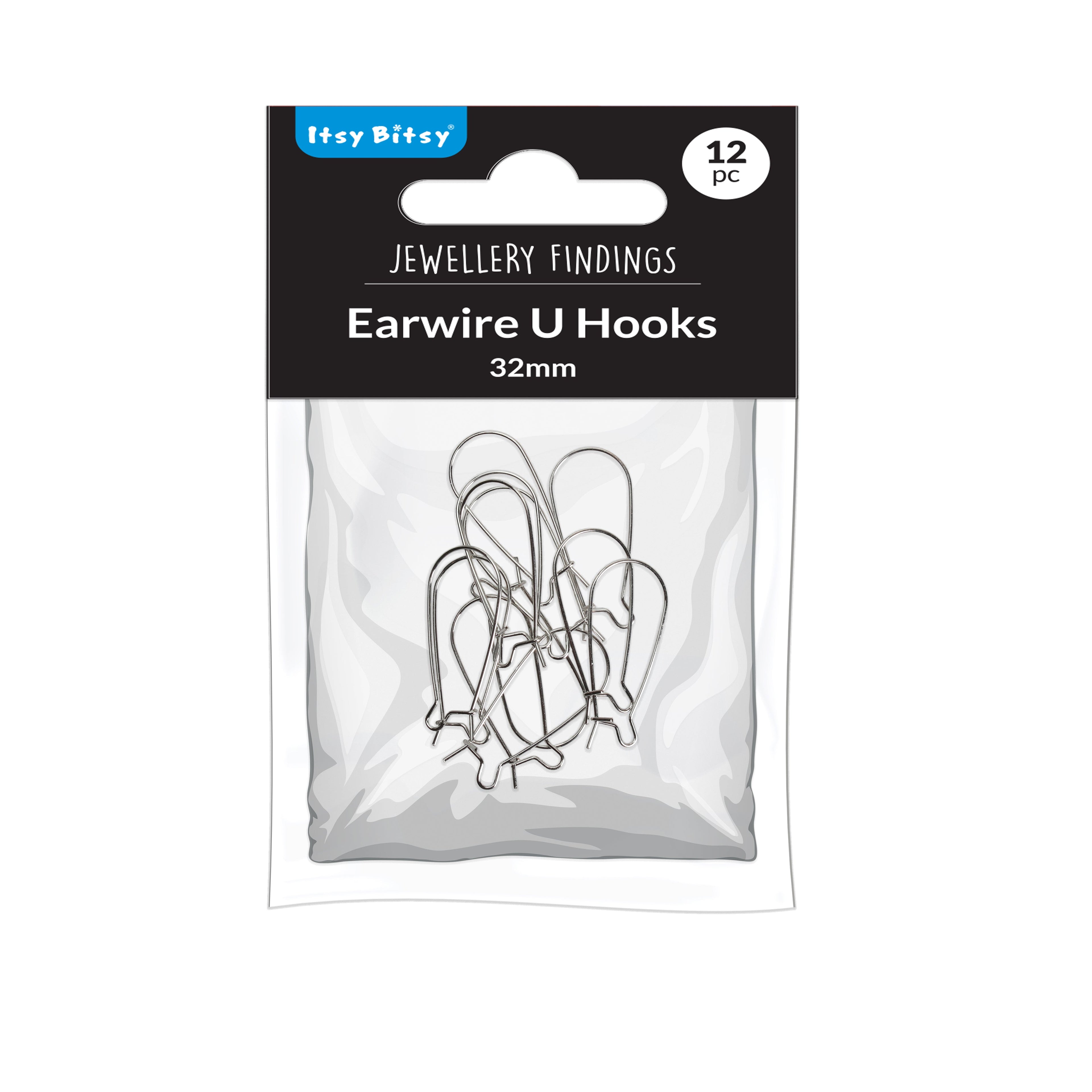 Jewellery Findings Ear Wire U Hooks Nickel 32mm 12pc