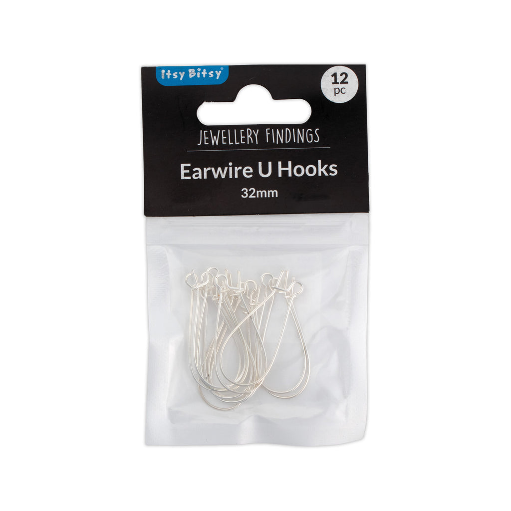Jewellery Findings Ear Wire U Hooks Silver 32mm 12pc