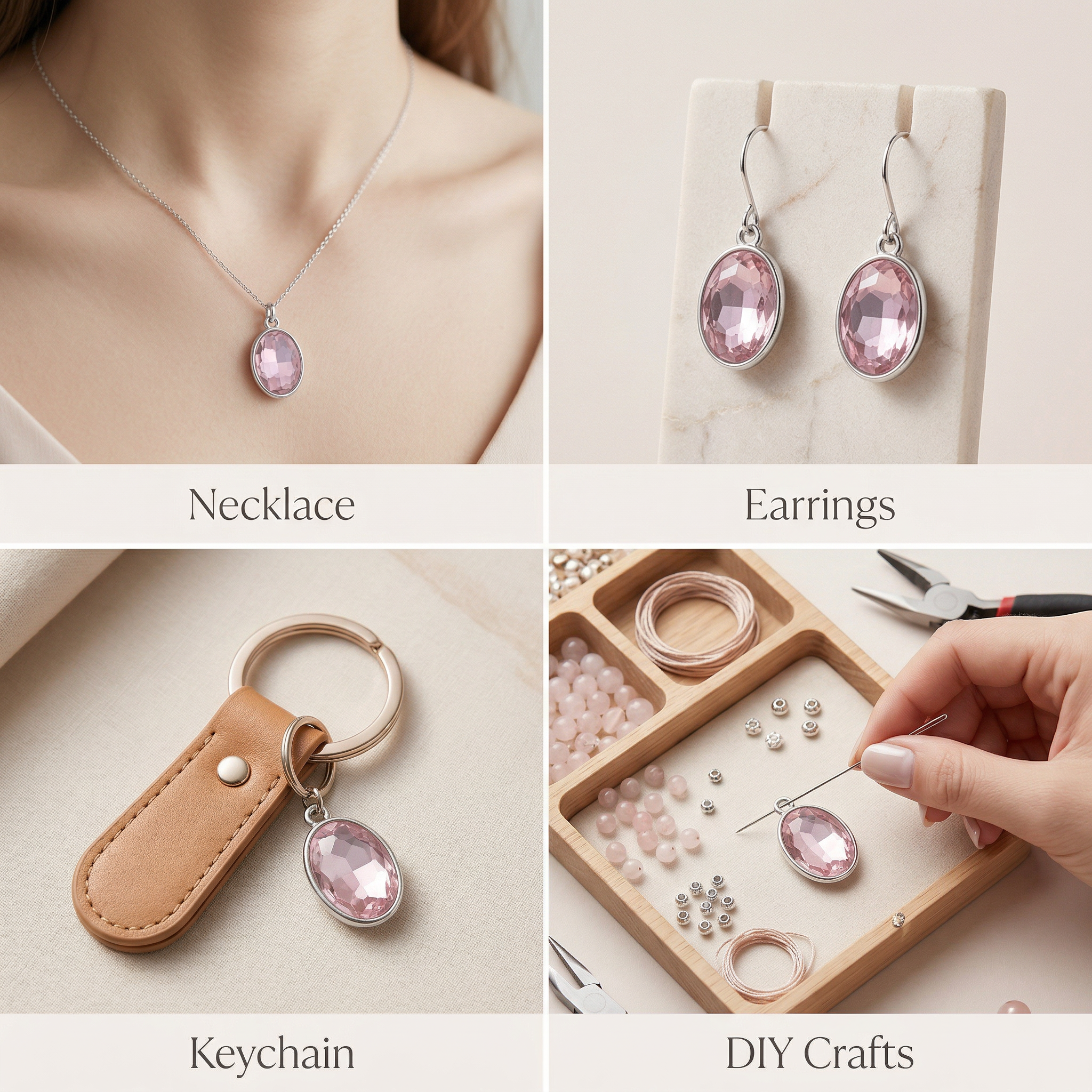 Crystal Pendant - Oval, Pink, Pack of 2